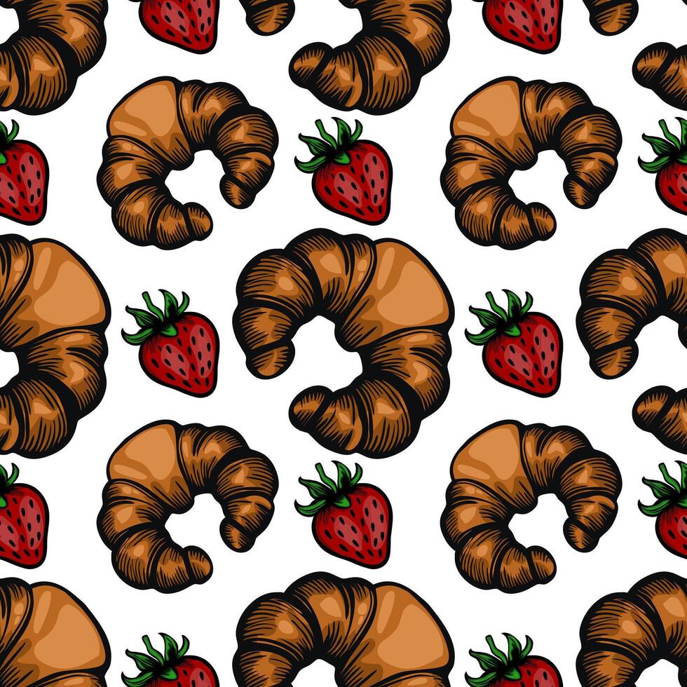 A seamless pattern featuring handdrawn croissants and strawberries on a white background. The croissants are golden brown with a flaky texture, while the strawberries are bright red. vector