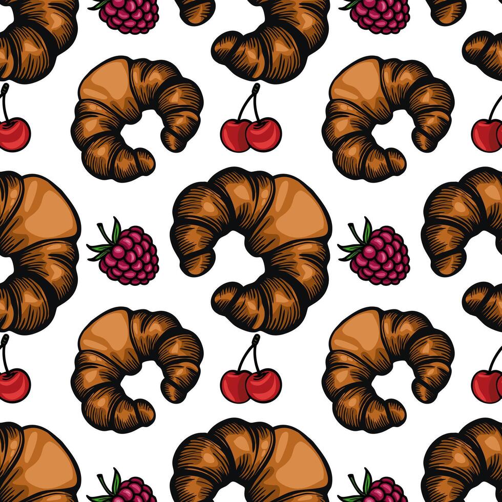 A seamless pattern featuring croissants, cherries, and grapes on a white background. The croissants are golden brown, while the fruits add vibrant colors. vector