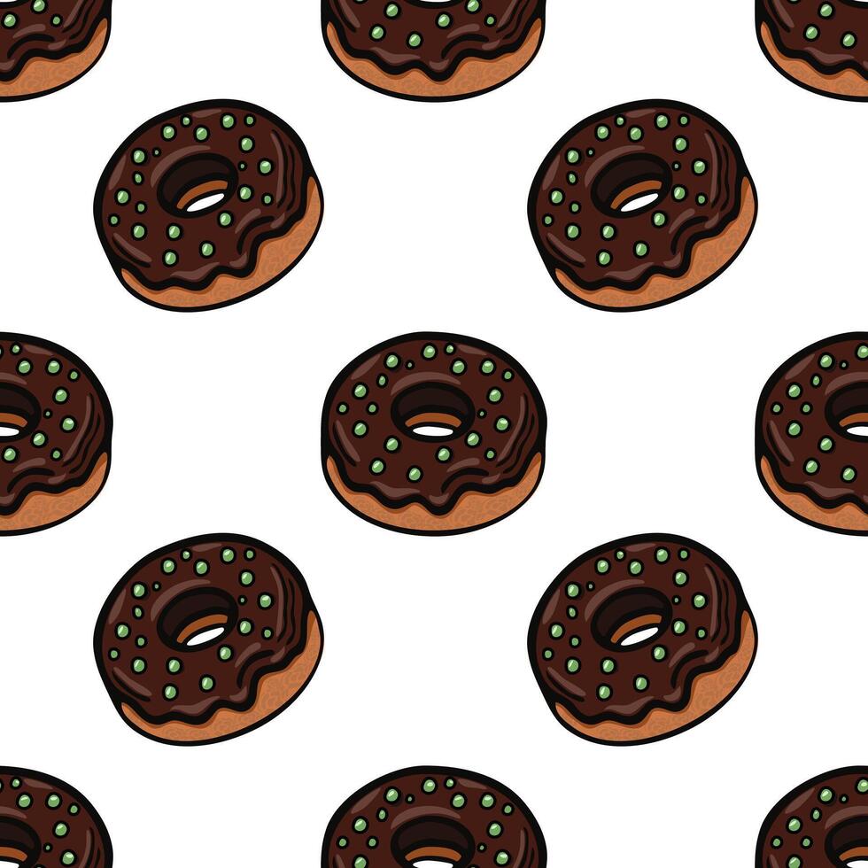 A seamless pattern featuring cartoonstyle donuts with chocolate icing and green sprinkles on a white background. vector