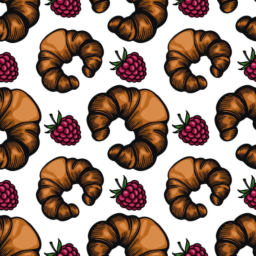 A seamless pattern featuring croissants and clusters of raspberries on a white background. The croissants are golden brown with a flaky texture, while the raspberries are vibrant red vector