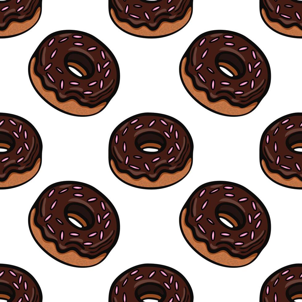 A seamless pattern featuring cartoonstyle chocolate donuts with pink sprinkles on a white background. The donuts are illustrated with a playful and colorful design vector
