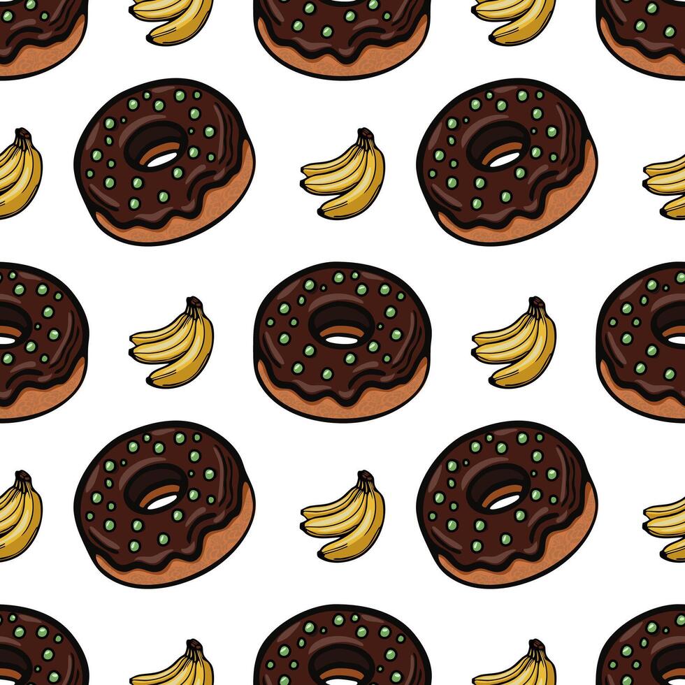 A playful pattern featuring chocolate donuts with green sprinkles and bunches of bananas on a white background. The design is vibrant and fun, perfect for foodrelated themes. vector