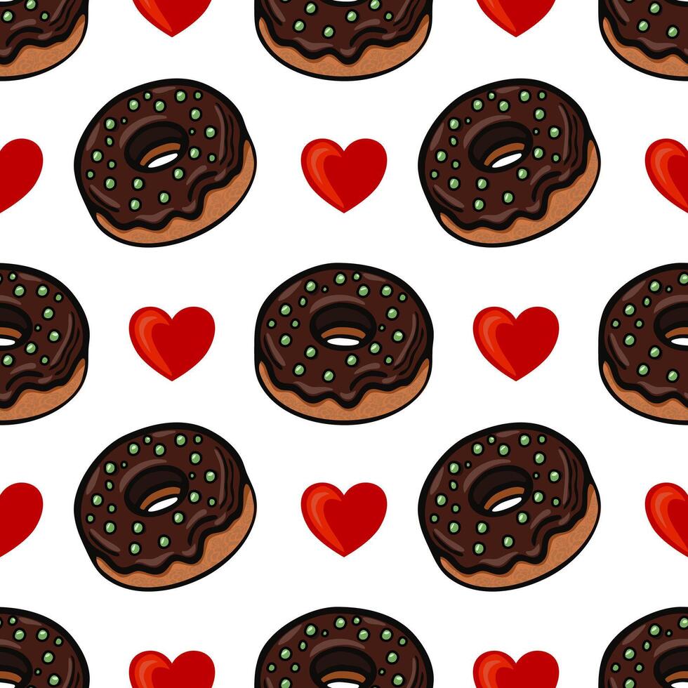 A playful pattern featuring chocolate donuts with green sprinkles and red hearts on a white background. Ideal for foodthemed designs or romantic occasions. vector