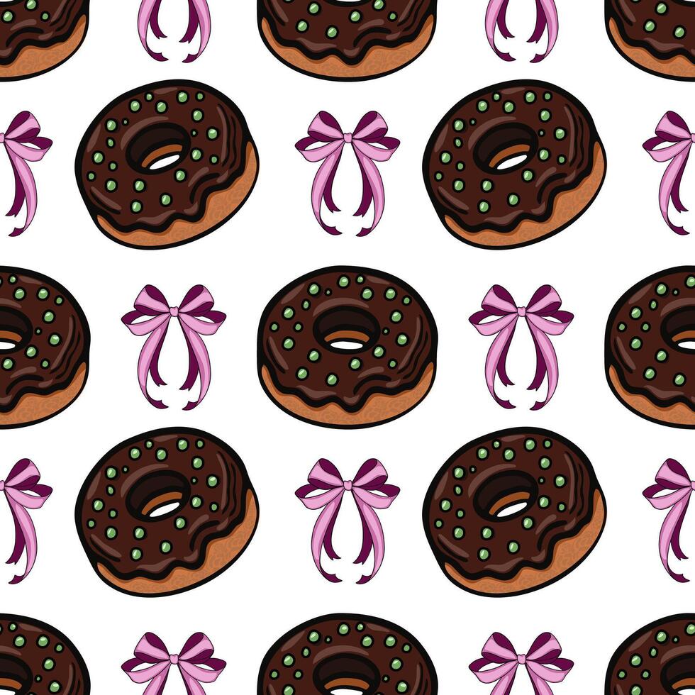 A fun and colorful pattern featuring chocolate donuts with green sprinkles and pink bows. The design is playful and suitable for various festive or culinary themes. vector