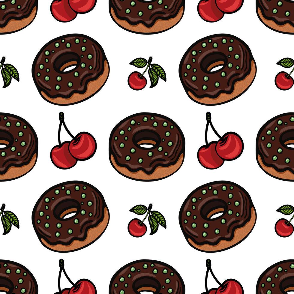 A seamless pattern featuring chocolate donuts with green sprinkles and red cherries with green leaves on a white background. vector