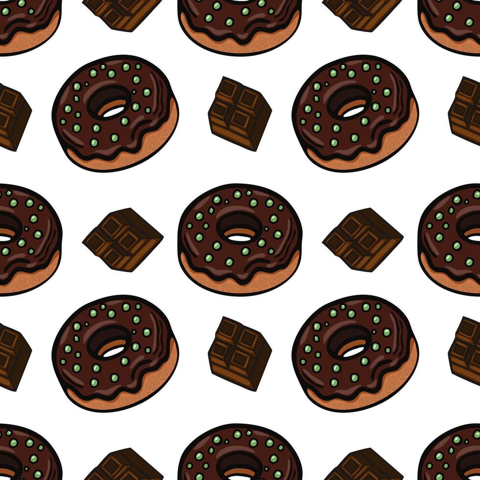 A repeating pattern featuring chocolate donuts with green sprinkles and pieces of dark chocolate on a white background. vector