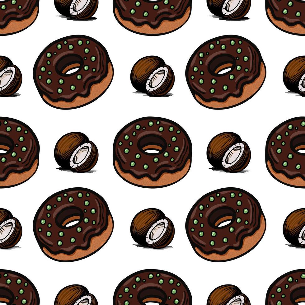 A seamless pattern featuring chocolatecovered donuts with green sprinkles and whole coconuts. The design is playful and colorful, ideal for foodrelated themes. vector