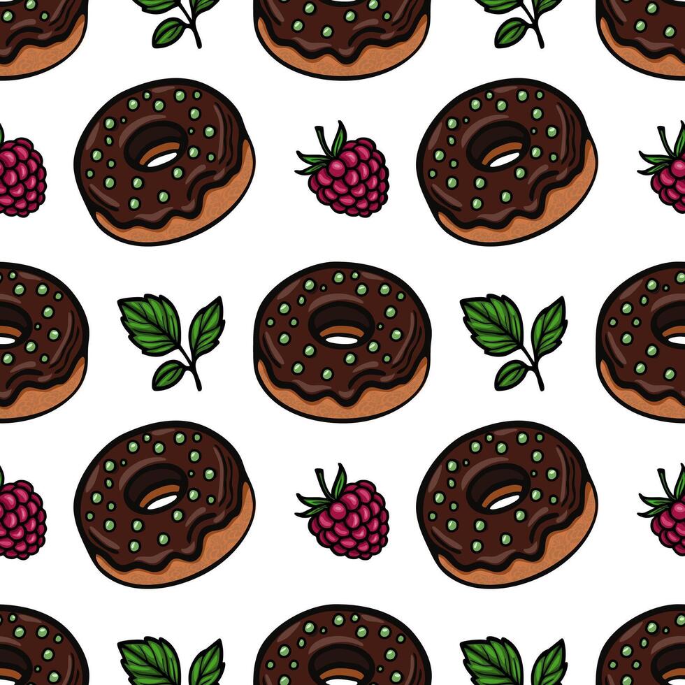 A seamless pattern featuring chocolate donuts with green sprinkles, raspberries, and mint leaves on a white background. vector