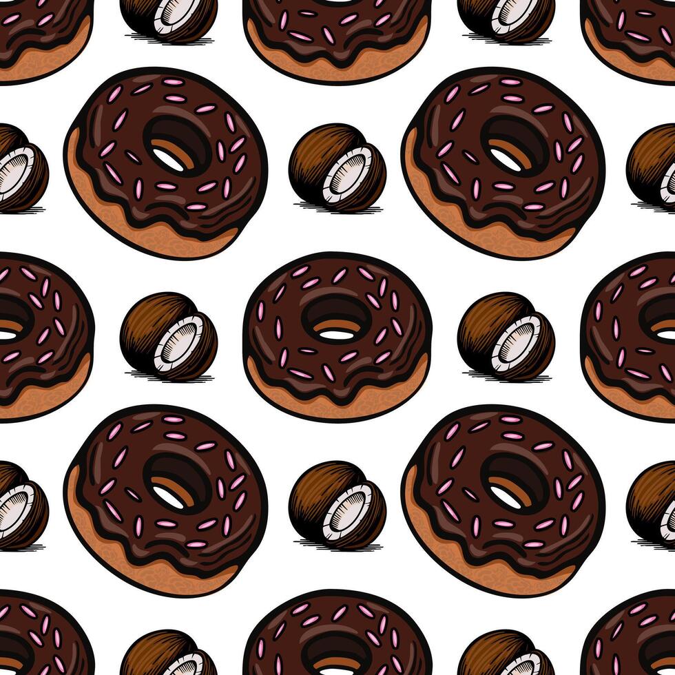 A seamless pattern featuring chocolate donuts with pink sprinkles and halved coconuts. The design is playful and colorful, suitable for foodrelated themes. vector