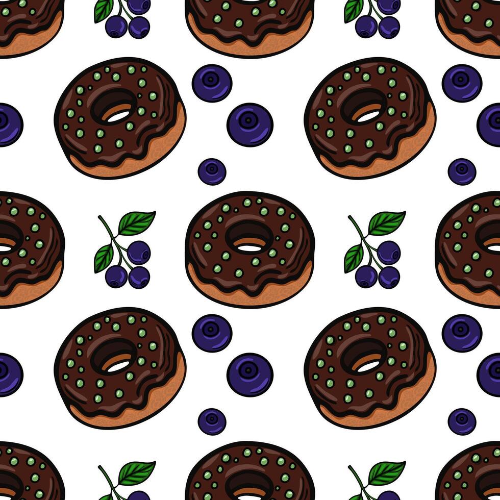 A seamless pattern featuring chocolate donuts with green sprinkles and blueberries. The design is playful and colorful, ideal for foodrelated themes. vector