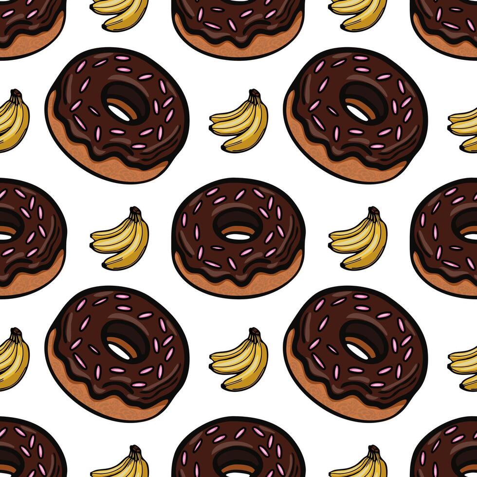 A playful pattern featuring chocolate frosted donuts with sprinkles and bunches of bananas on a white background. Ideal for foodrelated designs or playful themes. vector