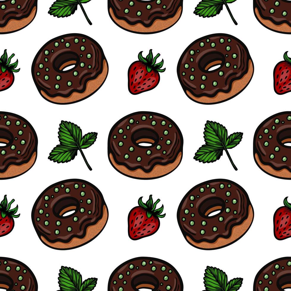 A seamless pattern featuring chocolate donuts with green sprinkles, fresh strawberries, and mint leaves on a white background. vector