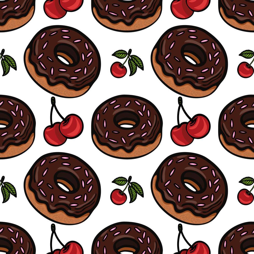 A seamless pattern featuring chocolate donuts with sprinkles and cherries. The donuts are round with a glossy chocolate glaze, while the cherries are bright red with green leaves. vector
