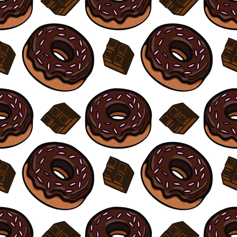 A seamless pattern featuring chocolate donuts with pink sprinkles and pieces of chocolate. The design is playful and colorful, suitable for foodrelated themes. vector