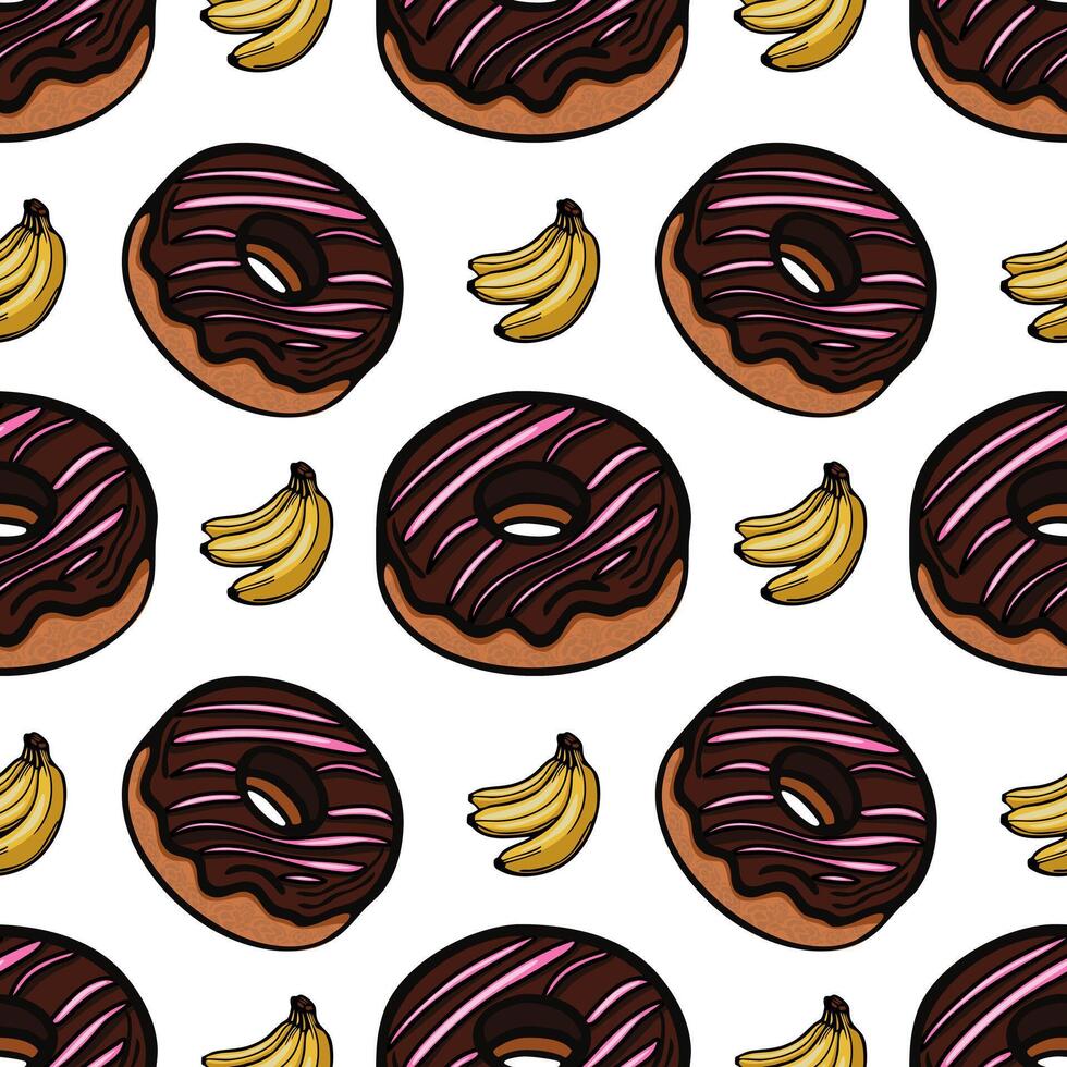 A playful pattern featuring donuts with chocolate icing and pink stripes alongside yellow bananas, set against a white background. vector