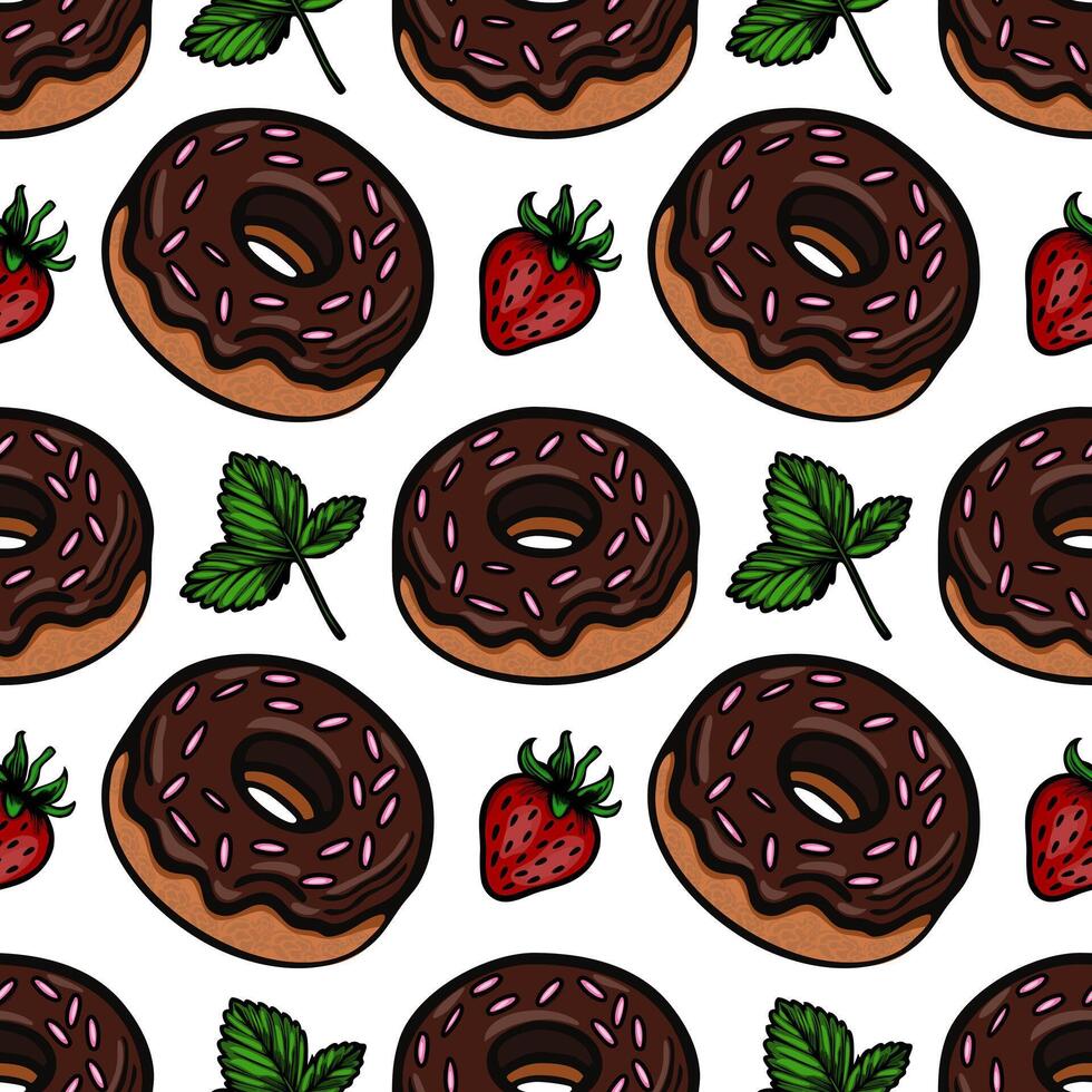 A seamless pattern featuring chocolate donuts with pink sprinkles, fresh strawberries, and green mint leaves on a white background. vector