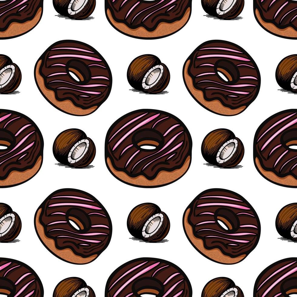 A seamless pattern featuring various donuts with chocolate frosting and pink icing, alongside round chocolatecovered treats. The design is playful and colorful vector