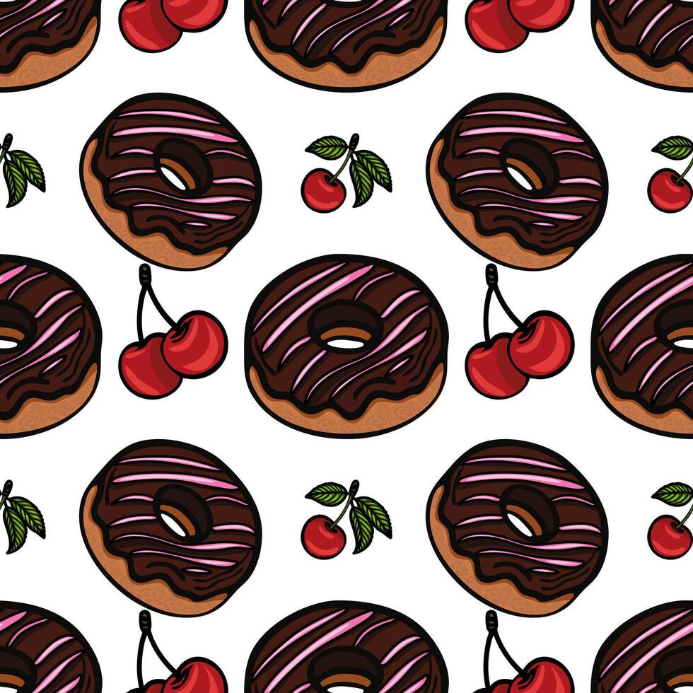 A seamless pattern featuring chocolate frosted donuts with pink icing and cherries. The design is playful and colorful, suitable for foodrelated themes. vector