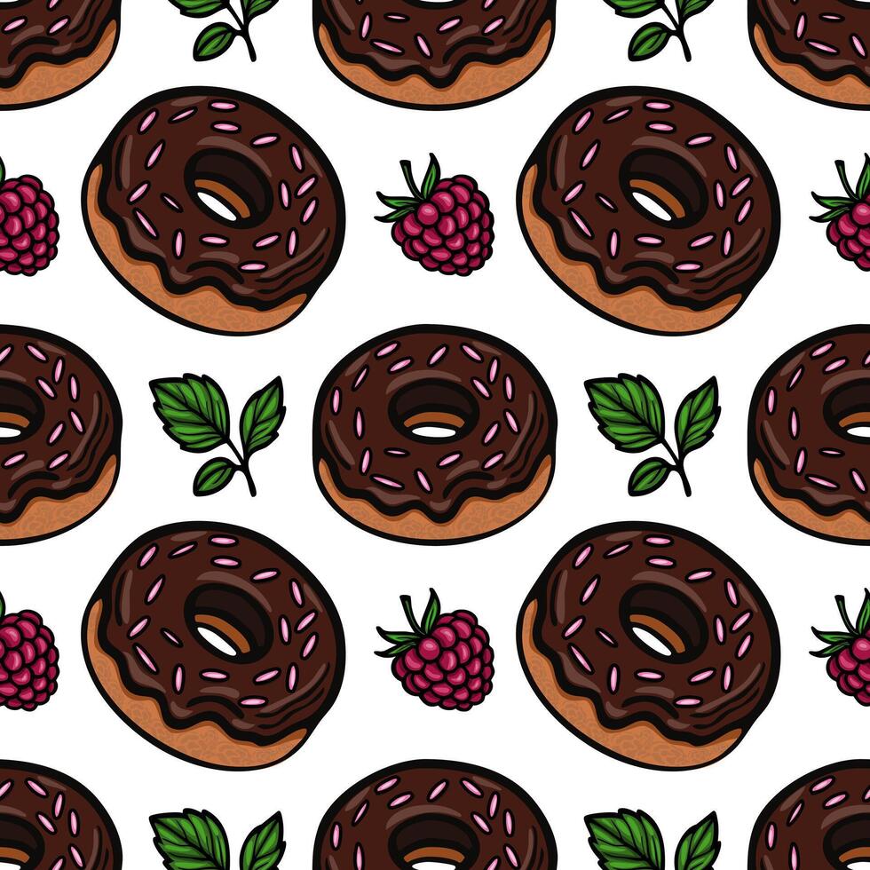 A seamless pattern featuring chocolate donuts with pink sprinkles, accompanied by raspberries and mint leaves on a white background. vector