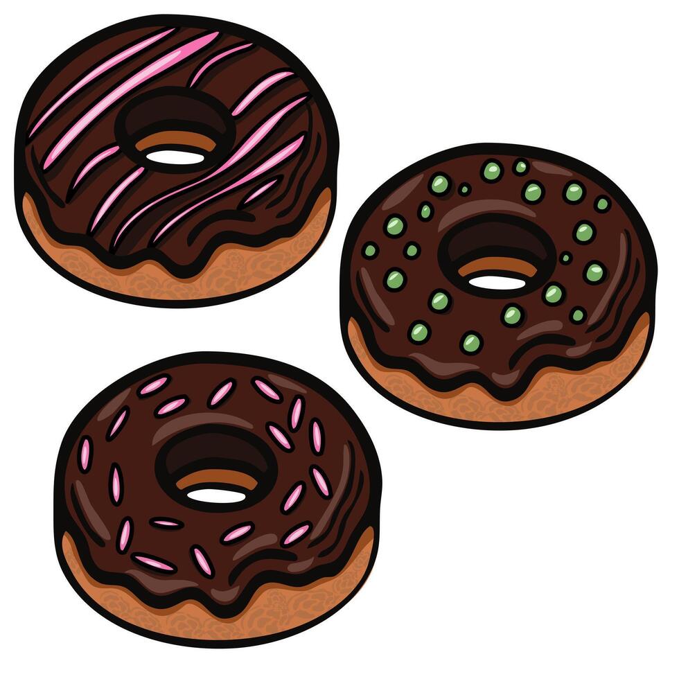 Three colorful donuts with chocolate frosting. One has pink stripes, another has green sprinkles, and the last has pink sprinkles. They are illustrated in a cartoon style. vector