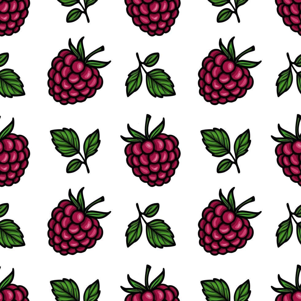 A seamless pattern featuring vibrant raspberries and green leaves on a white background. The design showcases the fruit in various orientations, creating a lively and fresh aesthetic. vector
