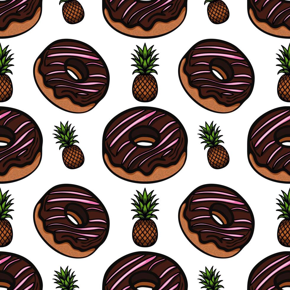 A playful pattern featuring chocolate frosted donuts with pink icing and pineapples. The design is vibrant and fun, suitable for various creative projects. vector