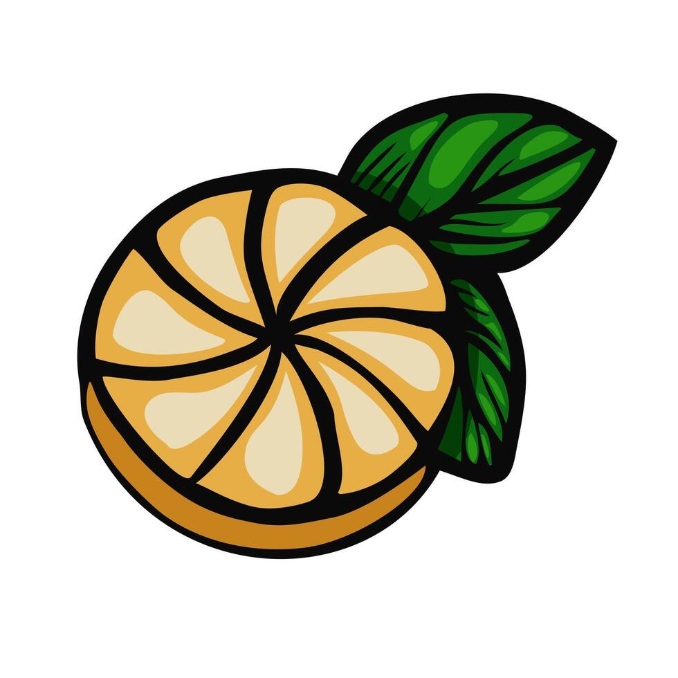 A stylized illustration of a lemon slice with green leaves. The lemon is depicted in a vibrant, cartoonish style, showcasing its segments and texture. vector