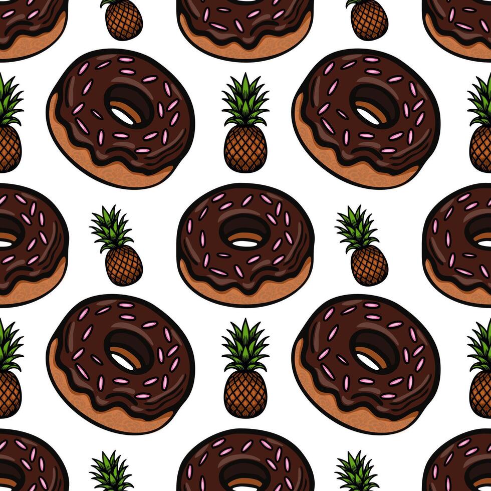 A playful pattern featuring chocolate donuts with pink sprinkles and pineapples on a white background. The design is vibrant and fun, suitable for various creative projects. vector