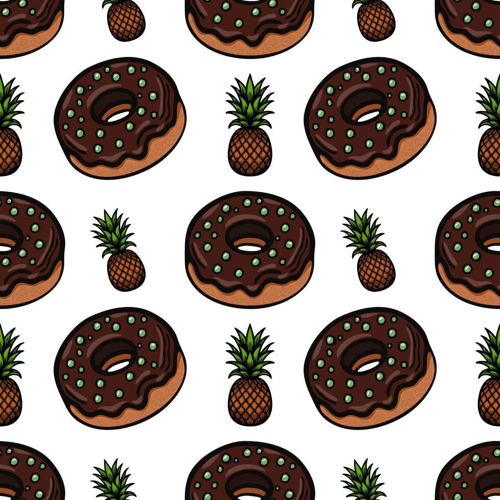 A fun and colorful pattern featuring chocolate donuts with green sprinkles and pineapples on a white background. Ideal for foodrelated designs or playful themes. vector