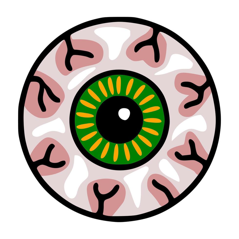 Spooky Halloween illustration of a stylized eyeball with a green iris and pink veins, perfect for creating unique and eerie designs. vector