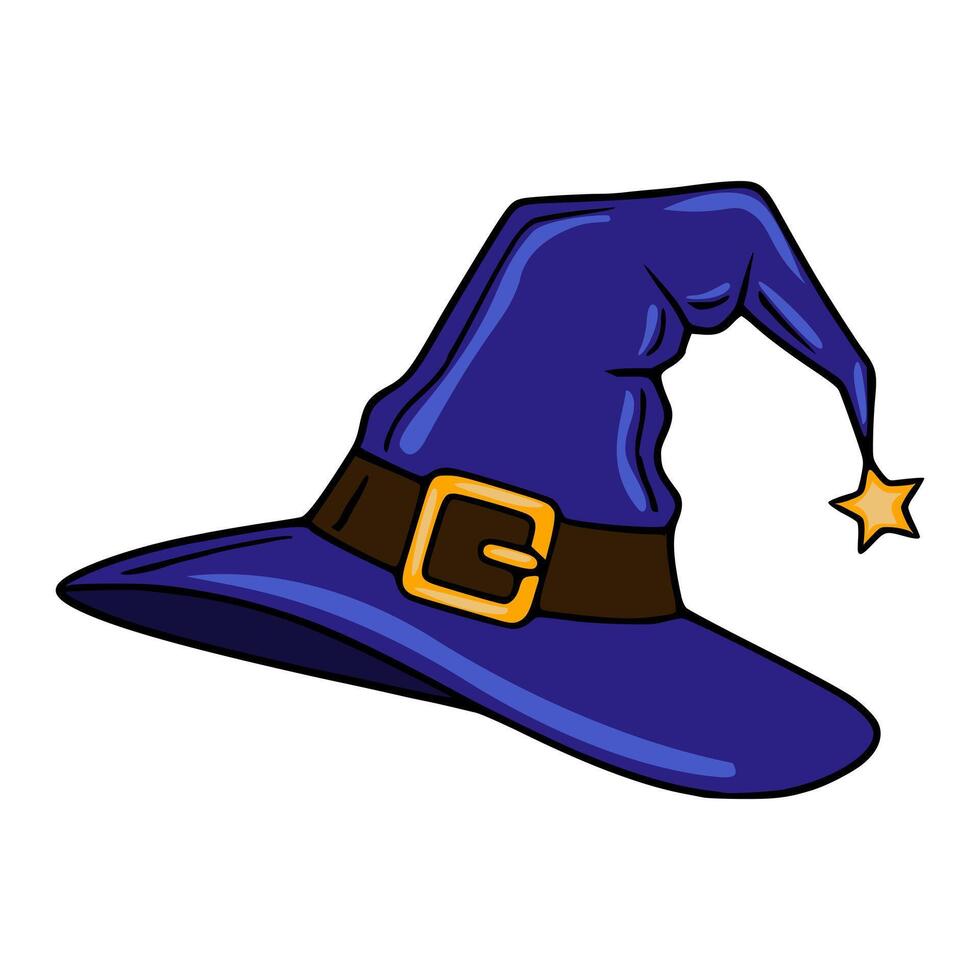 A illustration of a whimsical witchs hat with a dark blue body, brown belt with a golden buckle, and a small golden star, perfect for Halloween designs. vector