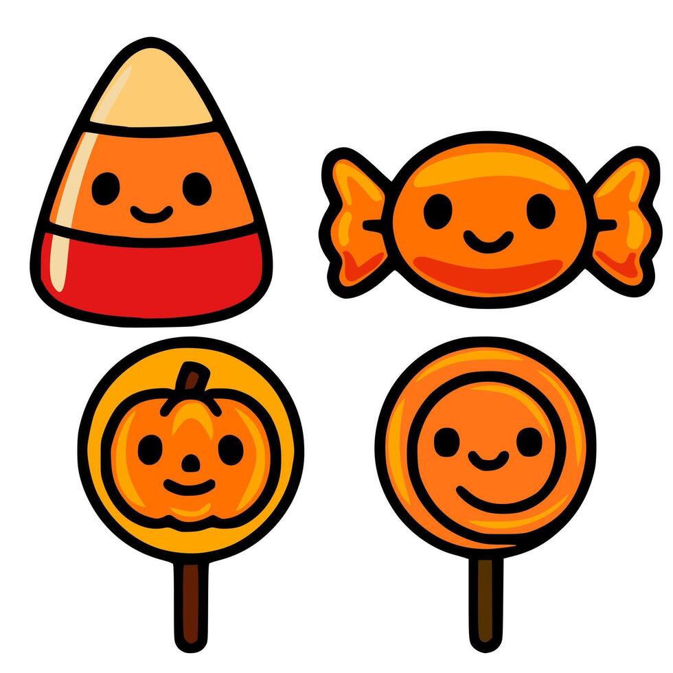 Adorable Halloween illustration featuring a candy corn, a wrapped candy, a pumpkin lollipop, and a classic round lollipop, all with cheerful cartoon faces. vector