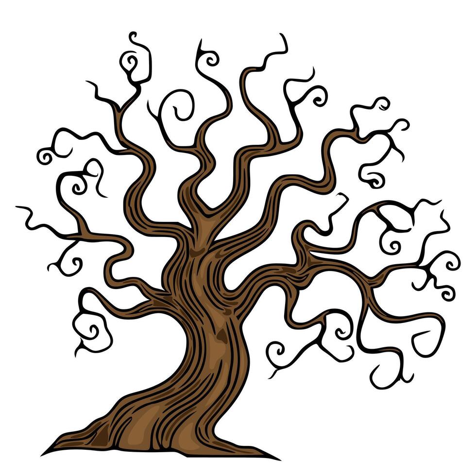 Intricate Illustration of a Twisted Brown Tree with Curly Branches, Isolated on White Background vector
