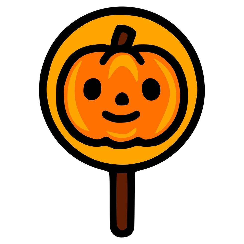 illustration of a cute Halloween pumpkin lollipop on a stick, featuring a simplified design with bold outlines and vibrant orange and black colors. vector