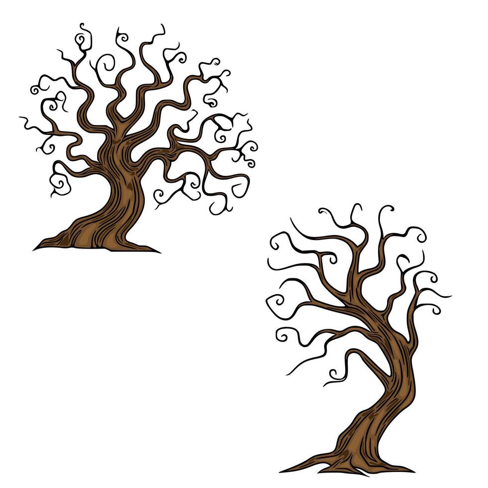 illustration of two stylized bare trees with swirling branches, perfect for Halloween or autumn designs, showcasing unique artistic detail and dark brown color palette. vector