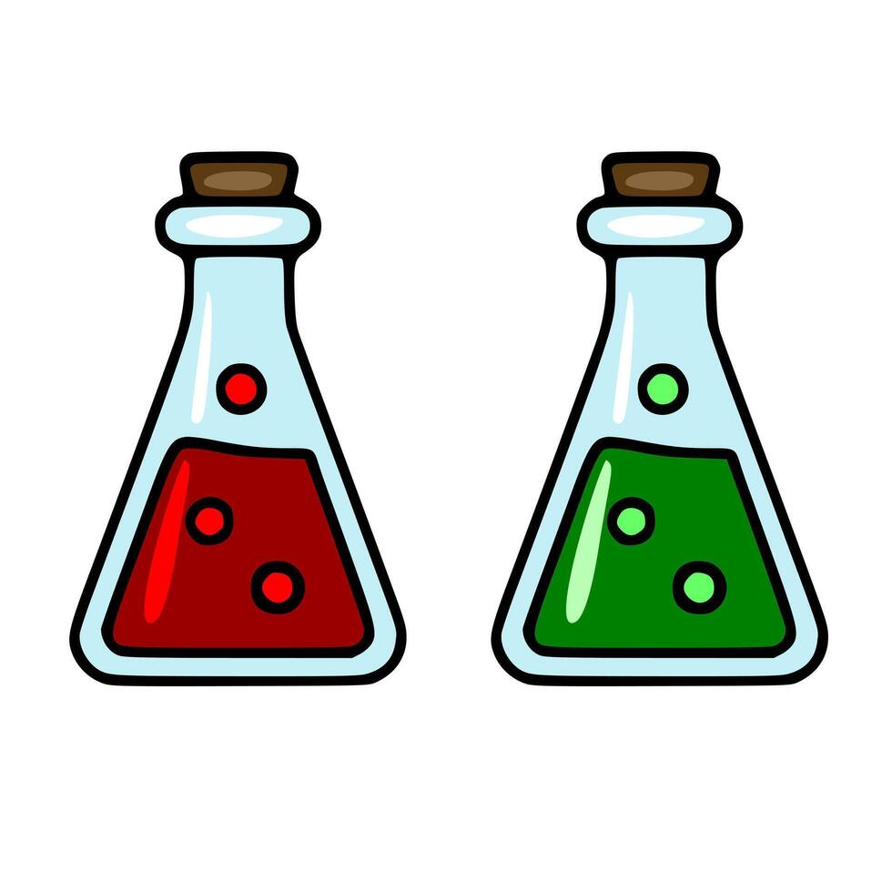 A illustration of two cartoon Erlenmeyer flasks filled with red and green liquids, featuring cork stoppers and floating bubbles, suitable for Halloween or sciencethemed designs. vector
