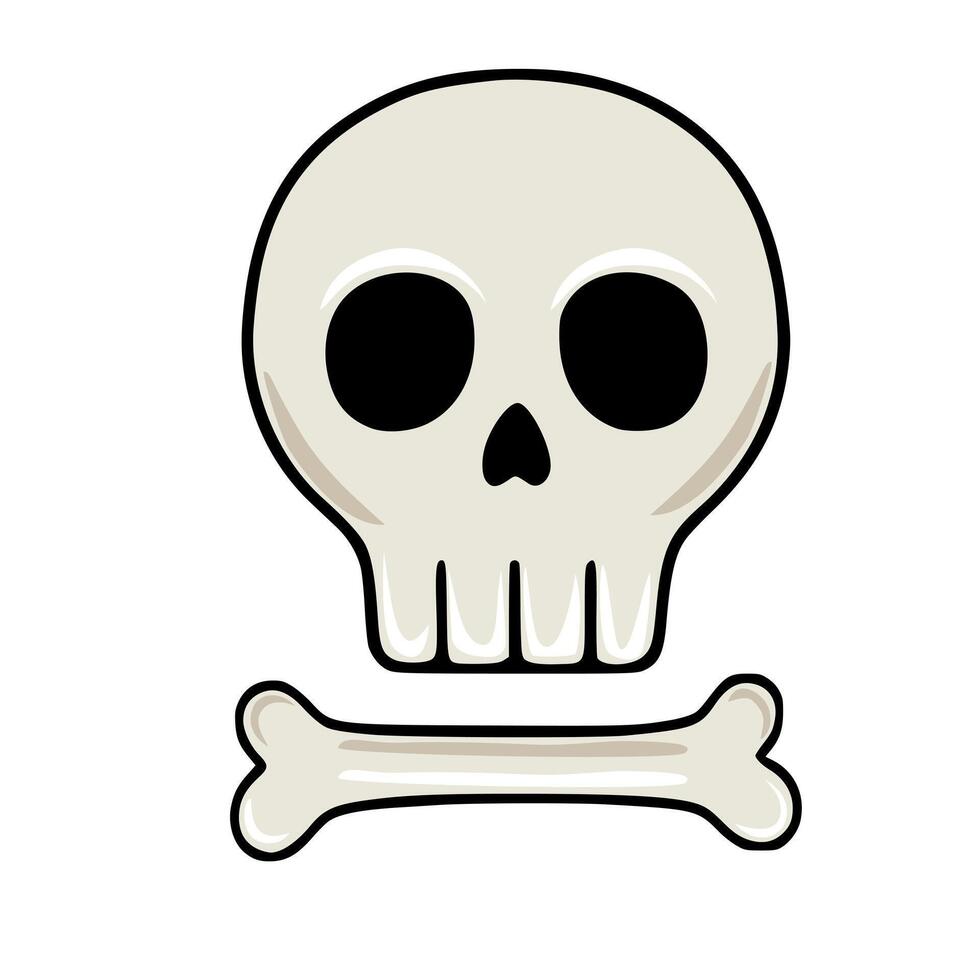 Cute cartoon illustration of a skull and crossbones, featuring a simplified, friendly design with bold outlines and muted color palette, ideal for Halloween or whimsical designs. vector