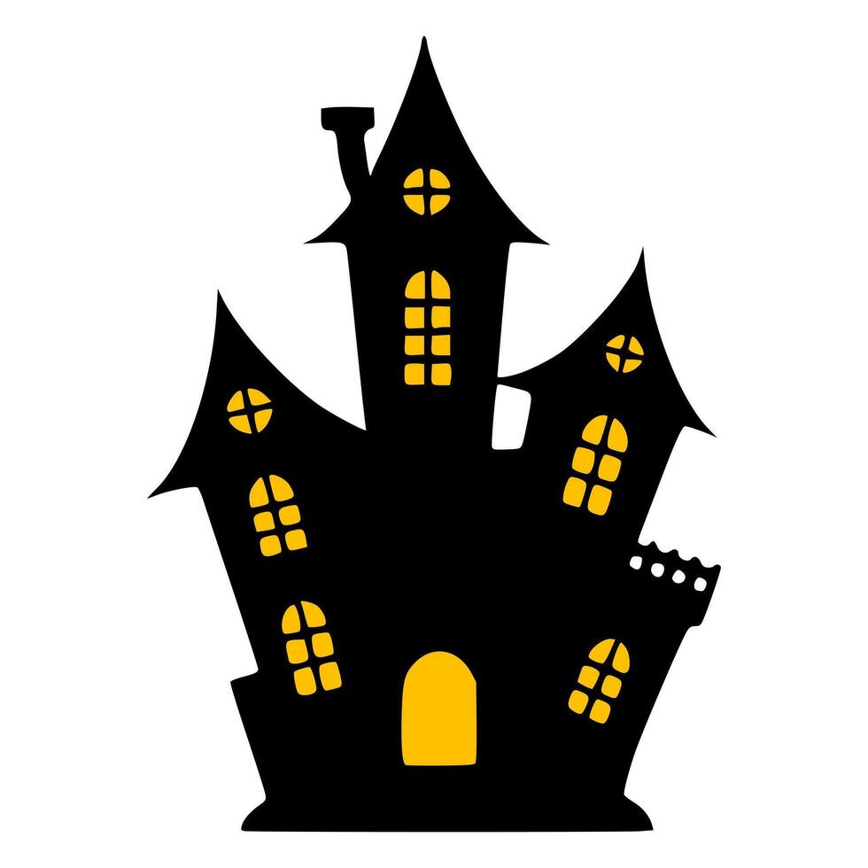 Spooky Halloween illustration of a haunted house with glowing yellow windows, perfect for holiday designs and decorations. vector