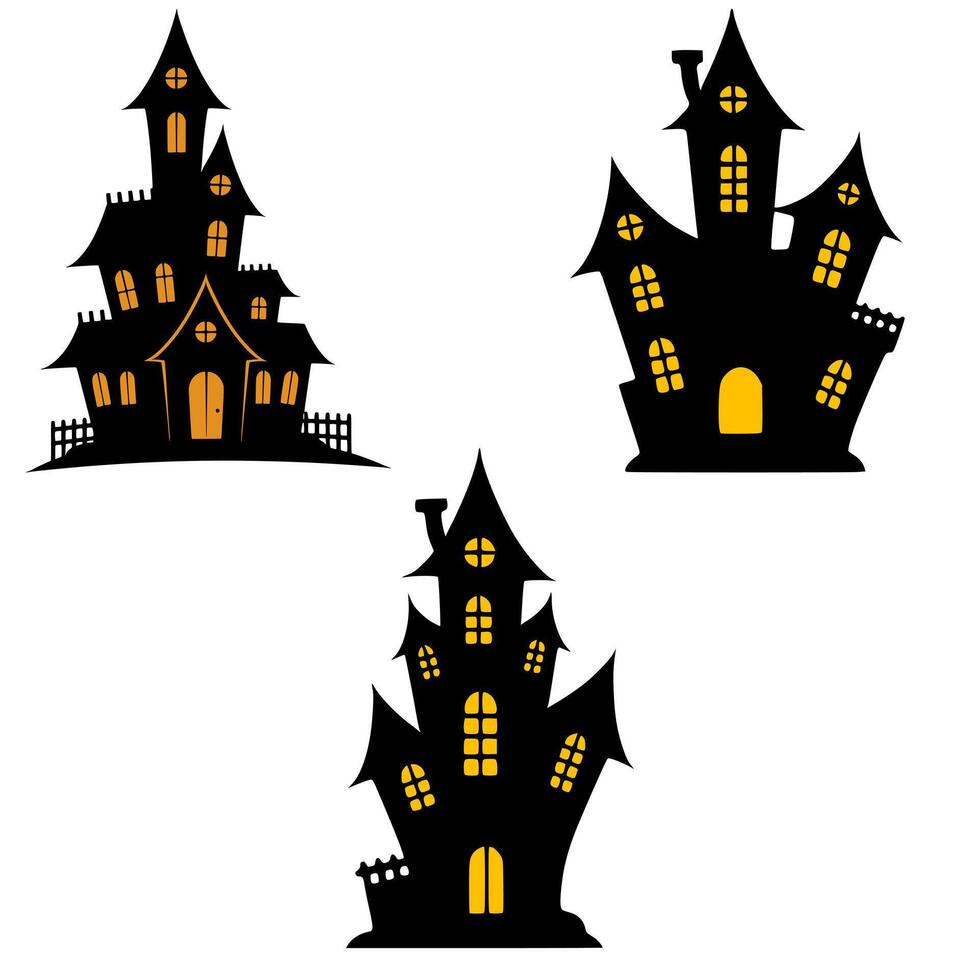 A illustration featuring three unique Halloween haunted house silhouettes, each with distinct architectural details and glowing windows, perfect for spooky season designs. vector