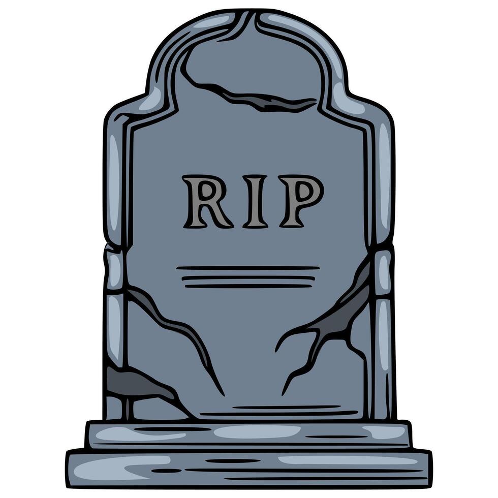 A illustration of a detailed, cracked gravestone with RIP inscription, featuring a unique arched top and layered base, perfect for Halloween designs. vector
