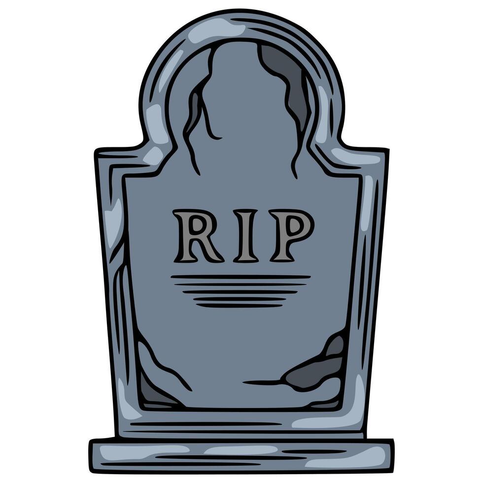 Handdrawn illustration of a weathered grey tombstone with RIP inscription, featuring a unique arched top and detailed texture, ideal for Halloween designs. vector