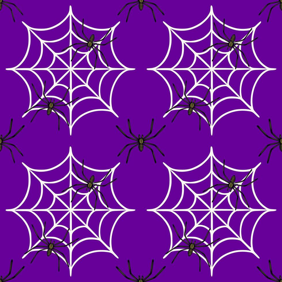 Seamless pattern of Halloween cobwebs and spiders on a deep purple background, featuring detailed spider illustrations and geometric web designs for a spooky and stylish textile or wrapping... vector