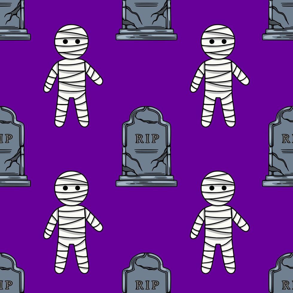 Seamless pattern featuring cute cartoon mummies and cracked gravestones on a vibrant purple background, ideal for Halloweenthemed designs. vector