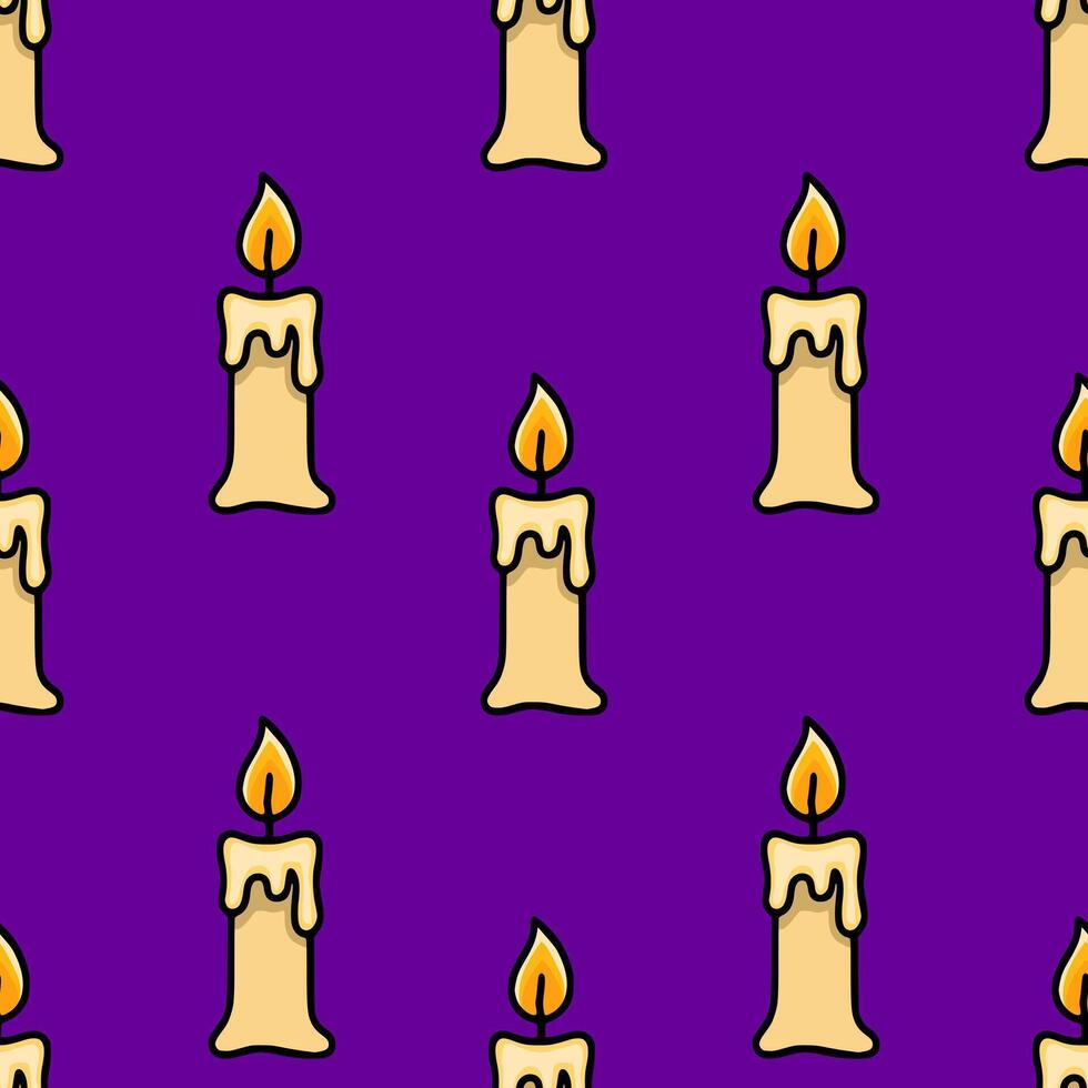Seamless pattern of melting candles with vibrant yellow flames on a deep purple background, ideal for Halloween or mystical designs. vector