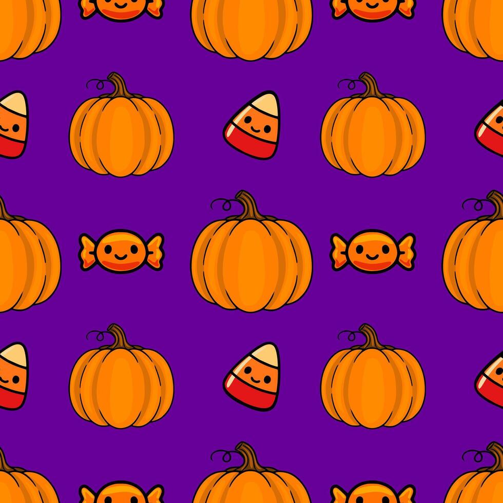 Seamless Halloween pattern with cute cartoon pumpkins, candy corn, and candies on a vibrant purple background, perfect for festive designs and prints. vector