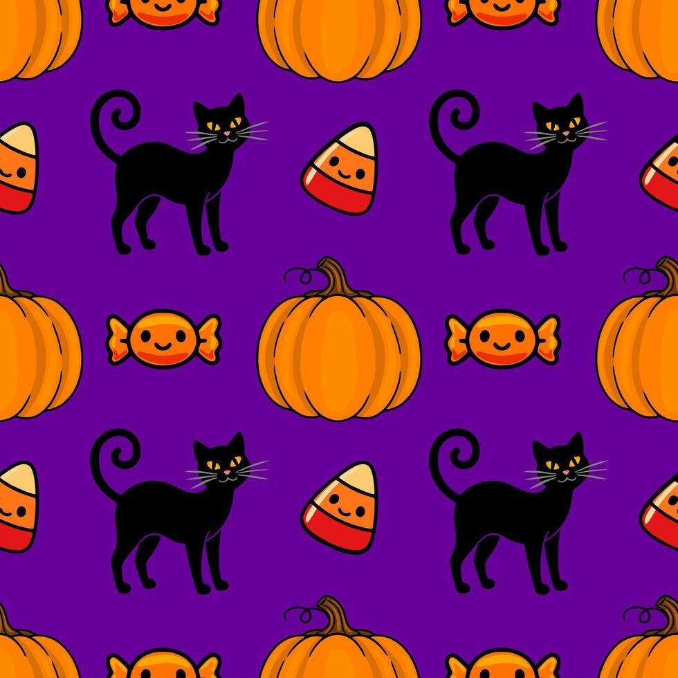 Seamless Halloween pattern with cute black cats, pumpkins, candy corn, and wrapped candies on a vibrant purple background, perfect for festive designs. vector