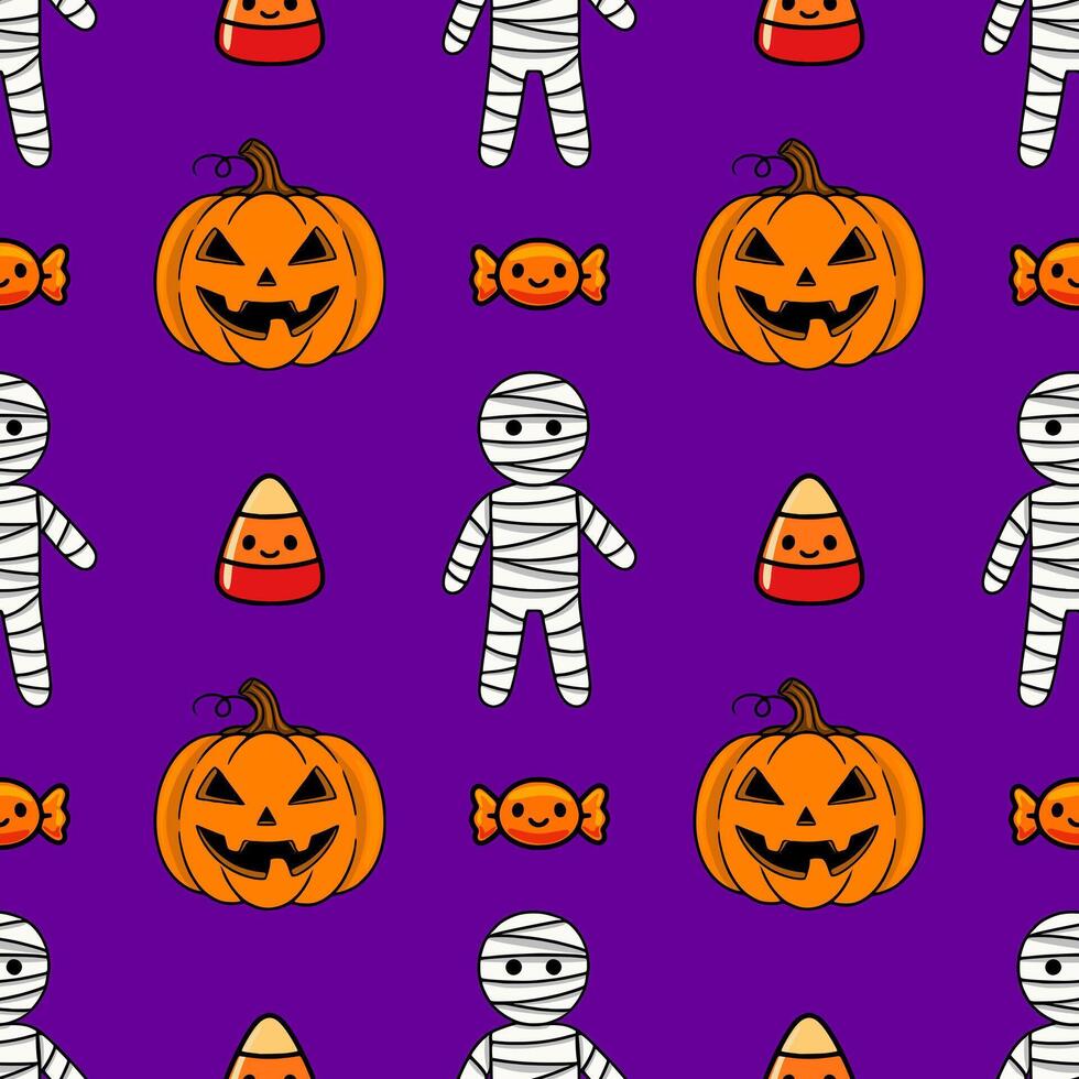 Seamless Halloween pattern with cute cartoon pumpkins, mummies, and candy corn on a vibrant purple background, perfect for festive designs and celebrations. vector