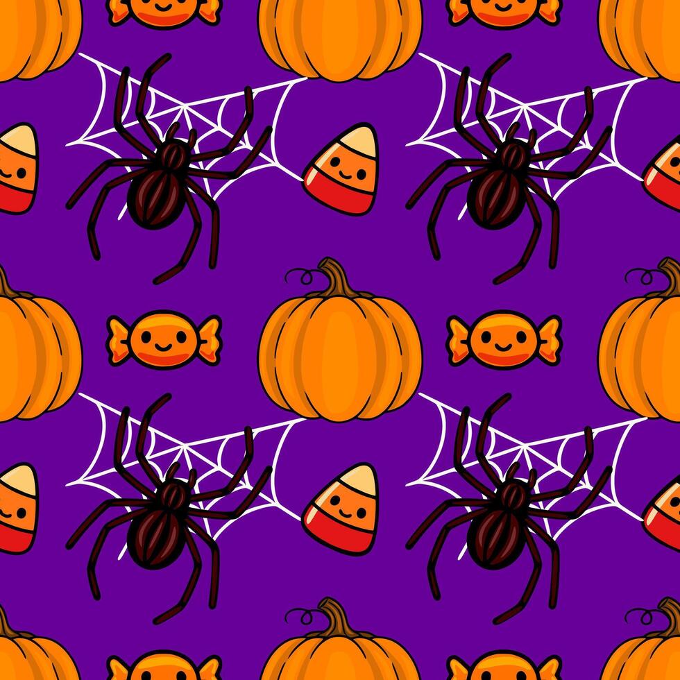 Adorable Halloween Seamless Pattern with Pumpkins, Spiders, Candy Corn, and Candy on Purple Background vector