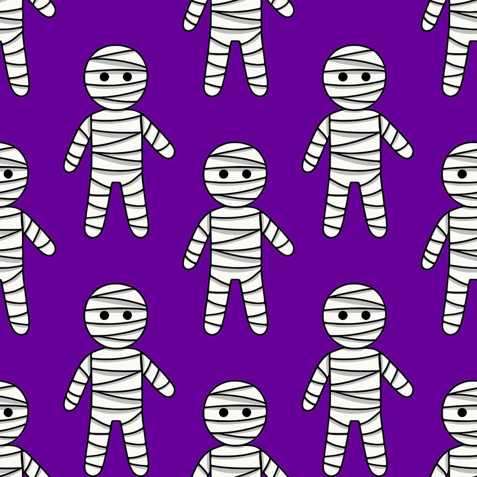 Seamless pattern of cute cartoon mummies in bandage costumes on a rich purple background, perfect for Halloweenthemed designs. vector