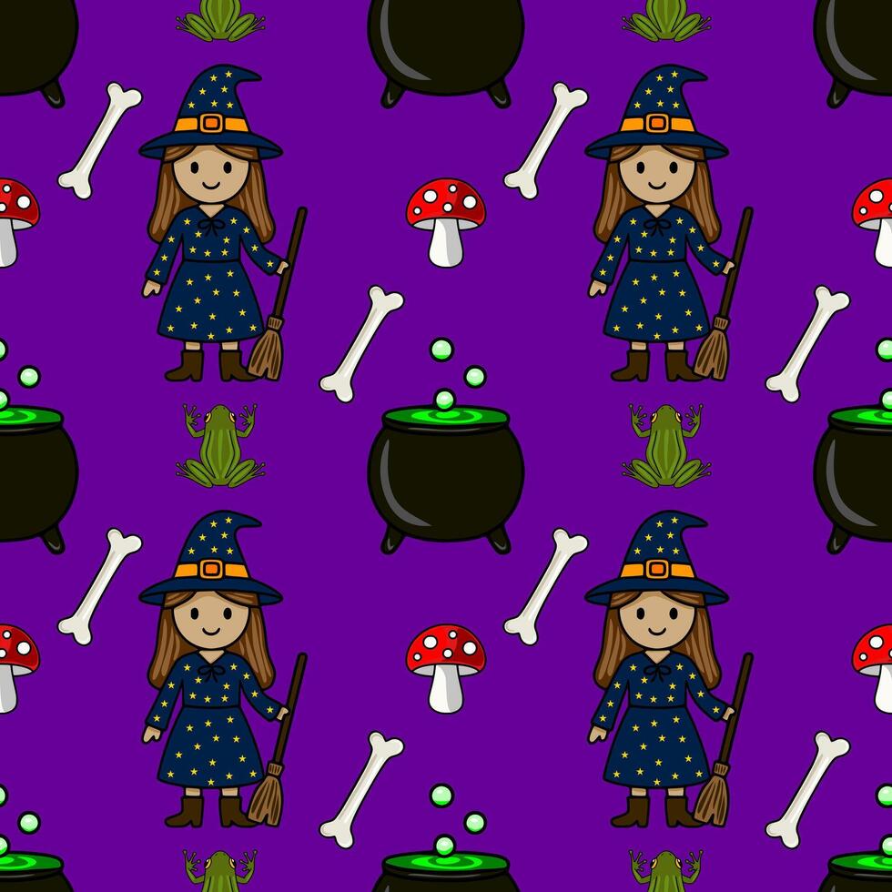 Seamless pattern featuring a cute little witch, cauldron, frog, bone, and mushroom, perfect for Halloweenthemed designs and kids projects. vector